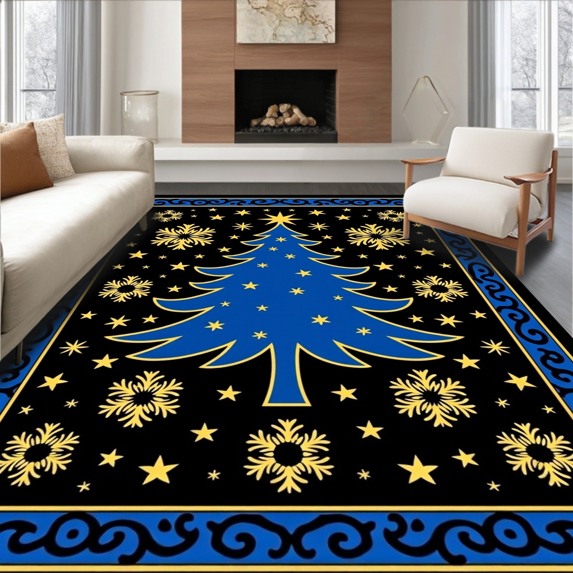 Blue Christmas Tree Gold Snowflake Rug