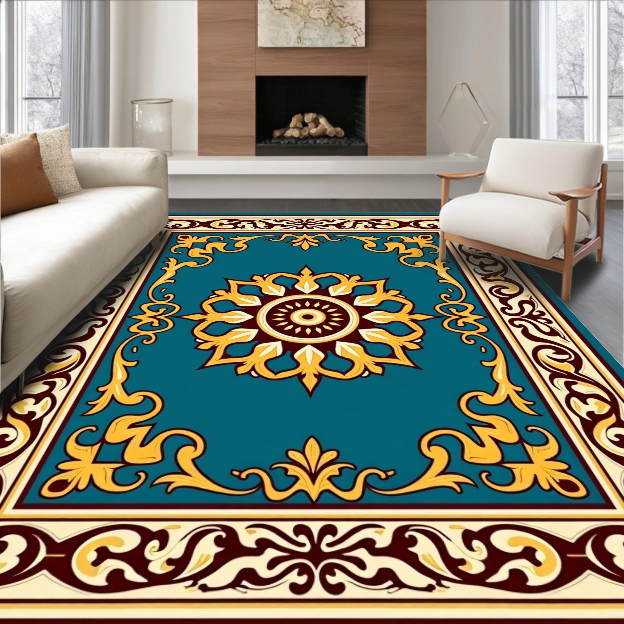Classic Teal Medallion Scrollwork Pattern Rug