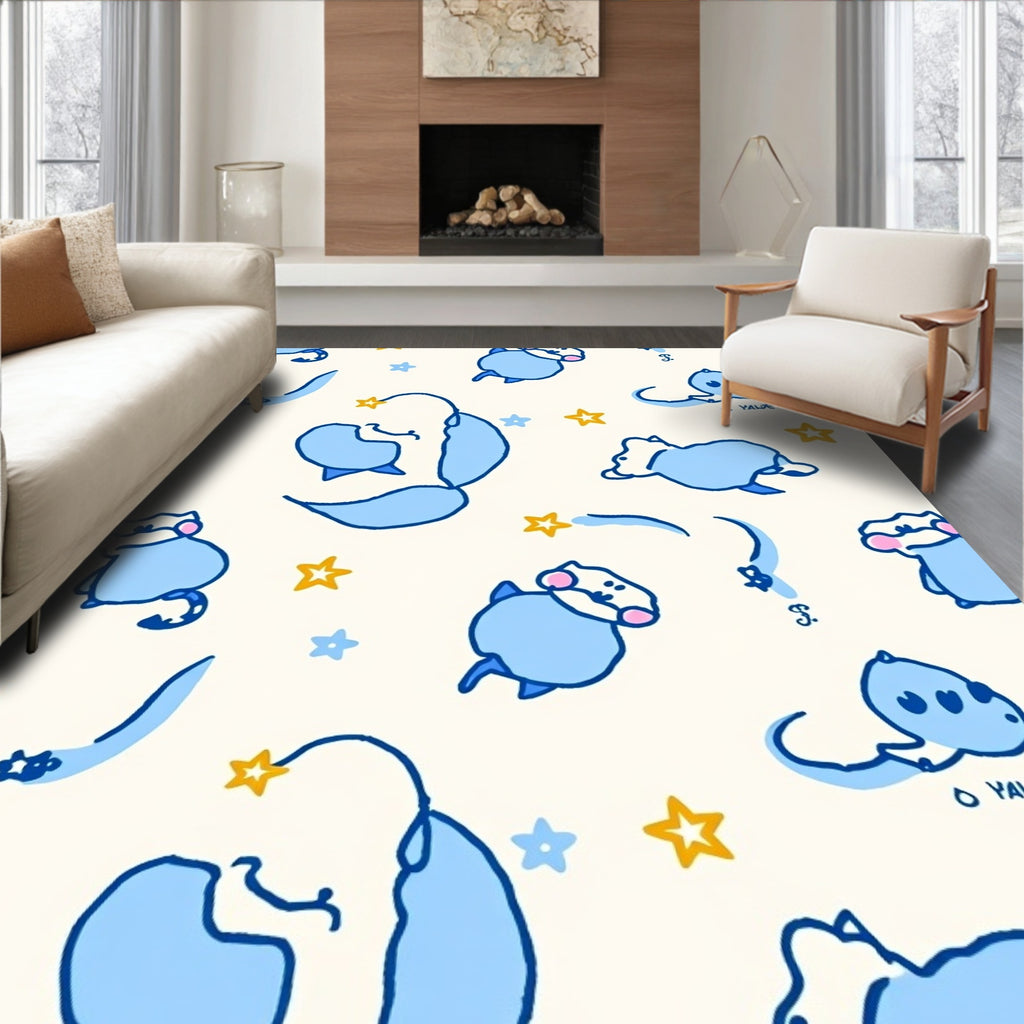 Cute Blue Creatures And Stars Pattern Rug