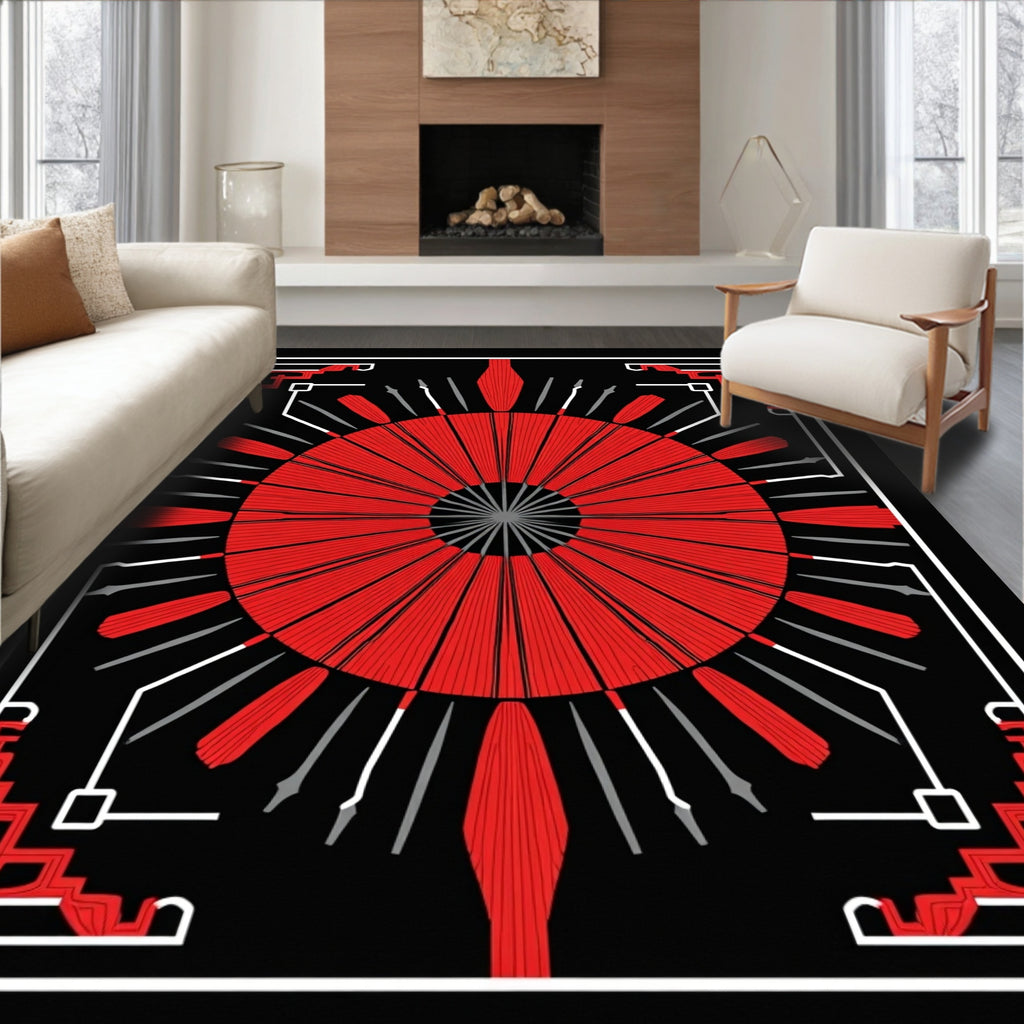 Red Sunburst Geometric Pattern Rug