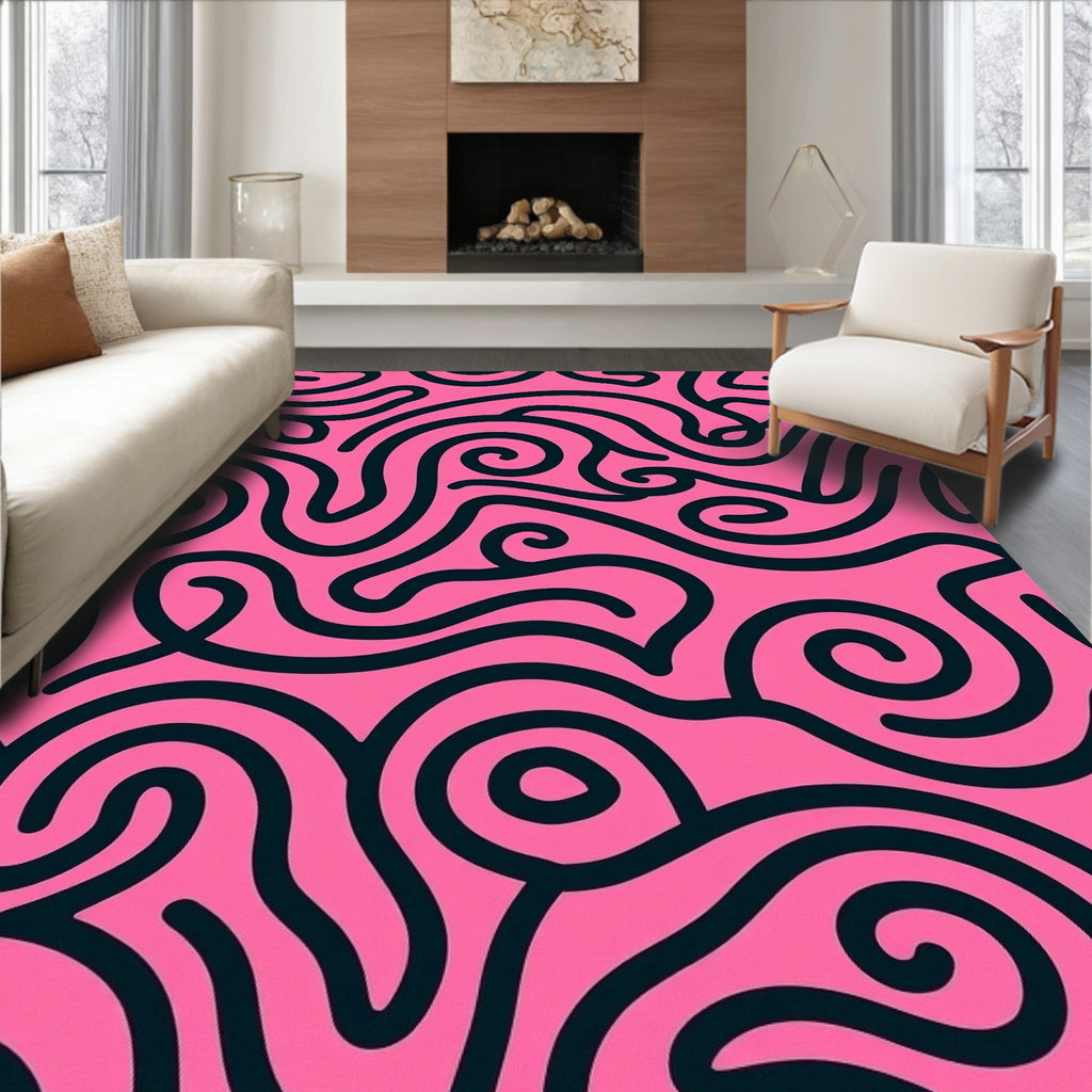 Bold Black Swirl Abstract Pink Rug