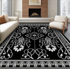 Elegant Black White Floral Symmetry Rug