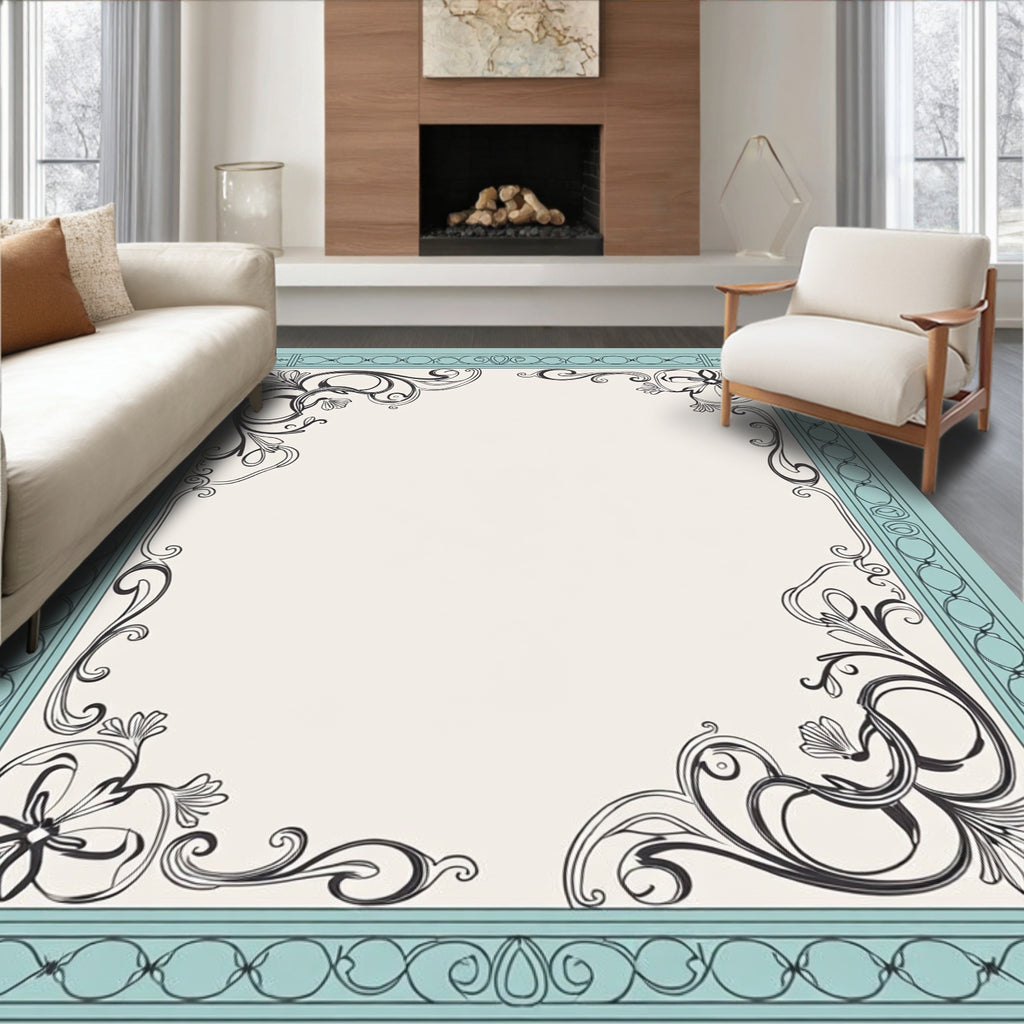 Ornate Floral Swirls Teal Border Rug