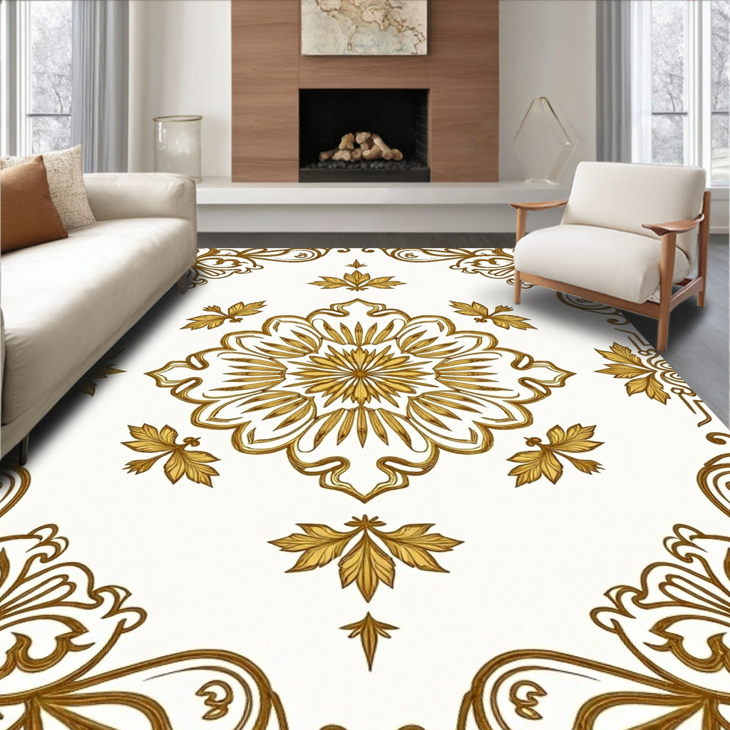Ornate Gold Floral Mandala Pattern Rug