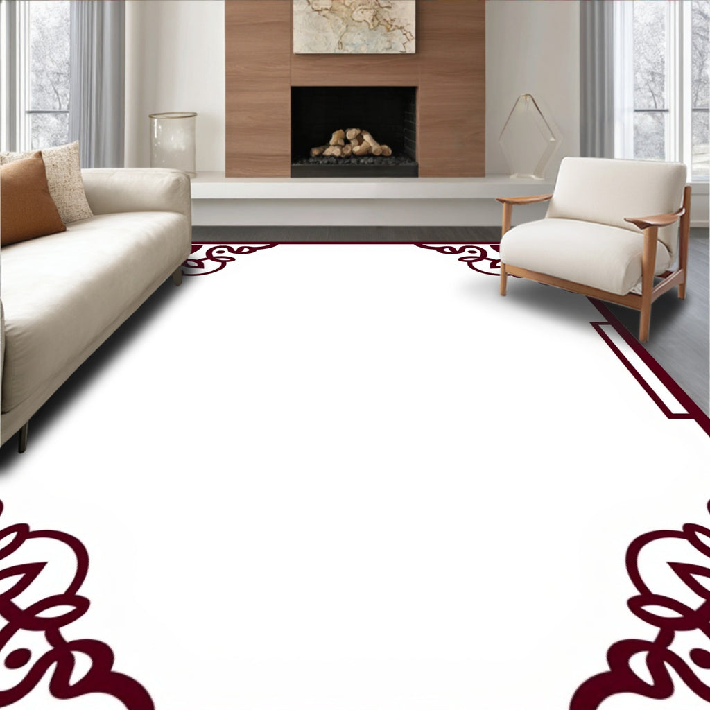 Crimson Ornate Scrollwork Border Rug