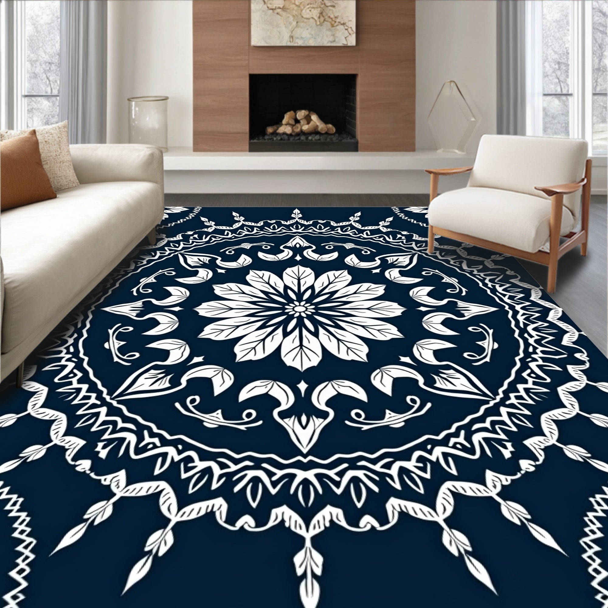 Dark Blue Intricate Floral Mandala Design Rug