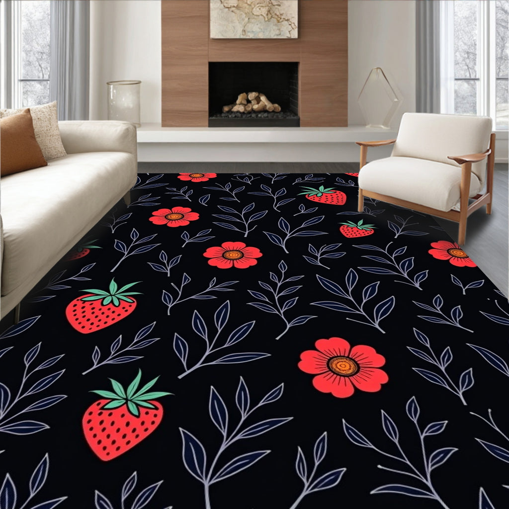 Red Strawberry and Floral Illustration Design Rug