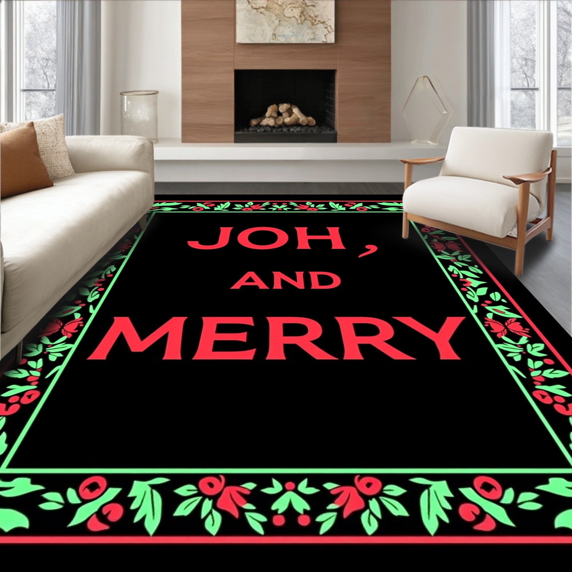 Red Green Floral Border Festive Greeting Rug