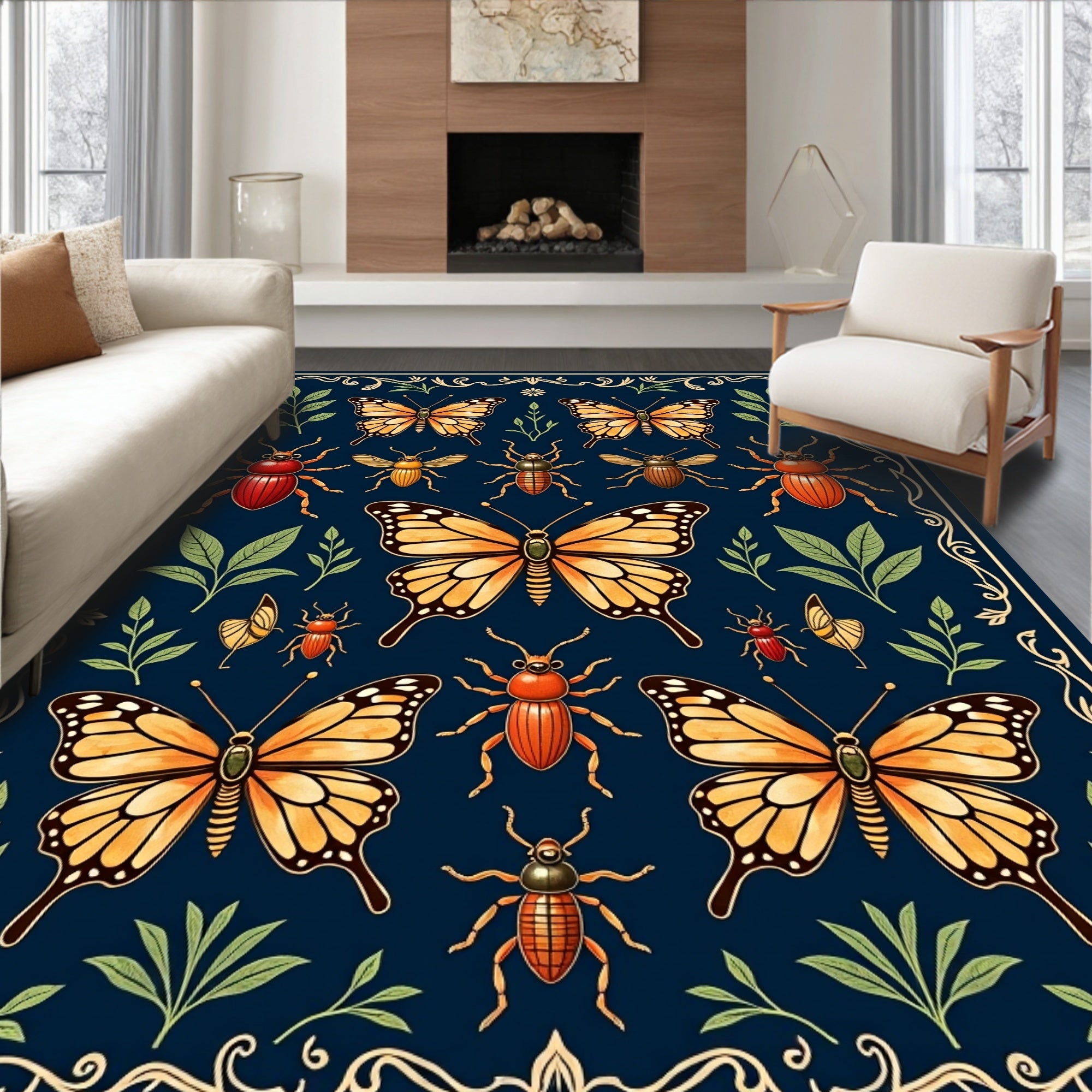 Orange Butterfly Insect Garden Pattern Rug