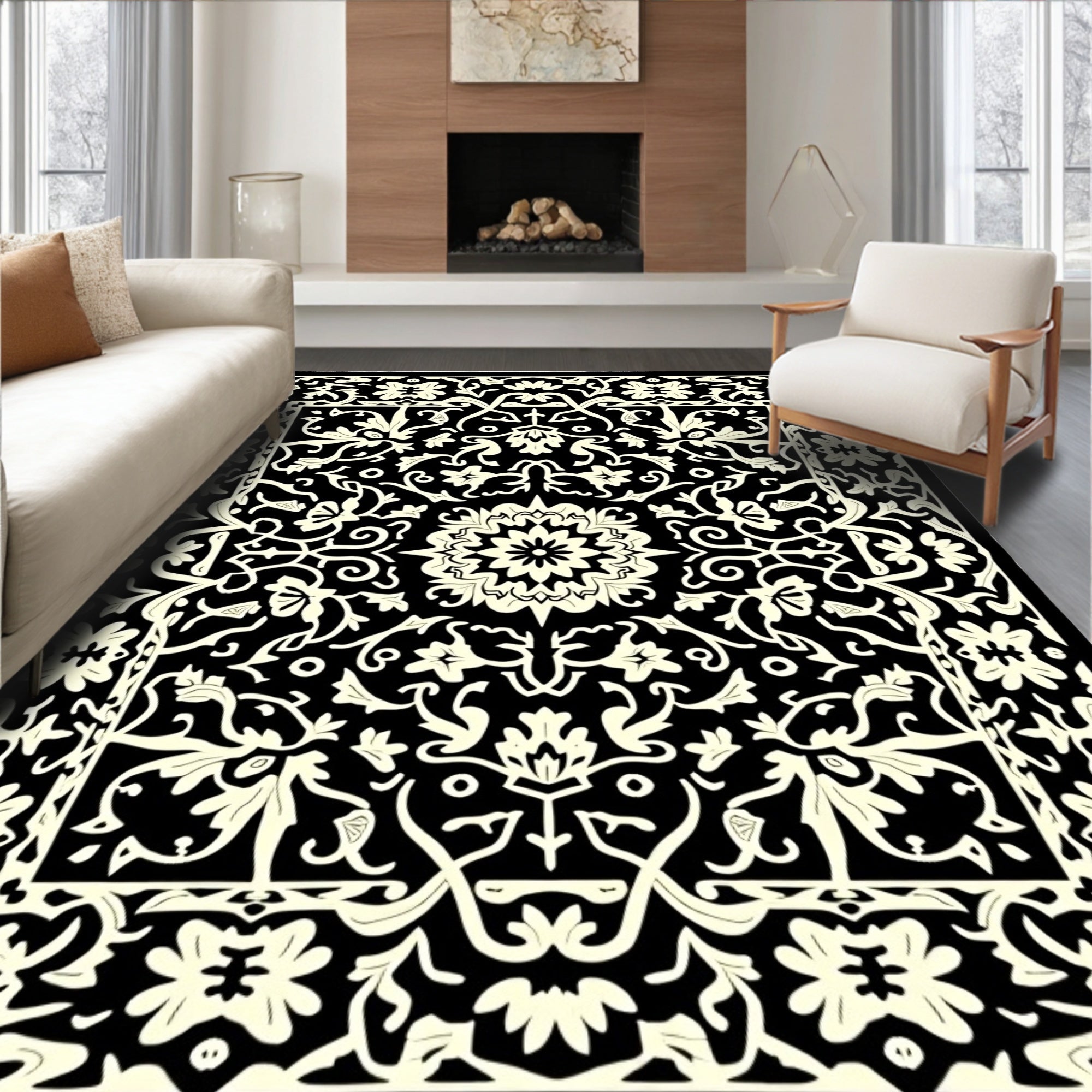 Intricate Black Cream Floral Vintage Rug