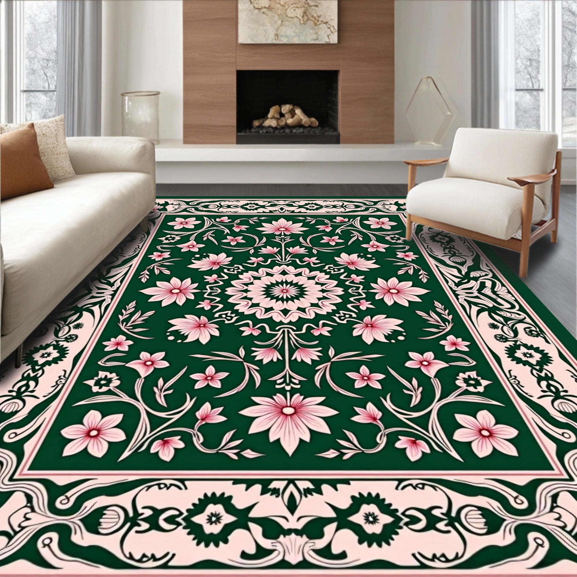 Elegant Floral Medallion Pink Green Rug