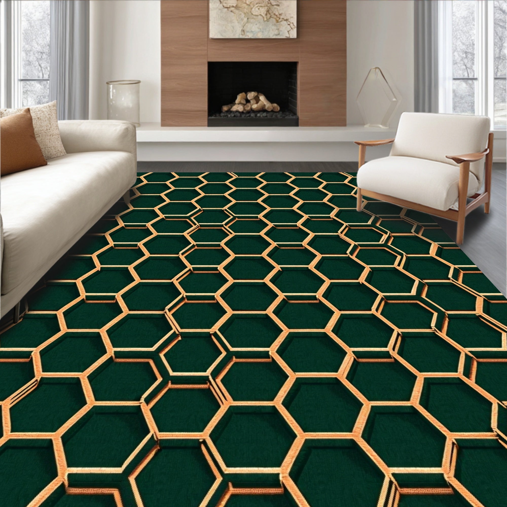 Gold Hexagonal Patterned Geometric Rug