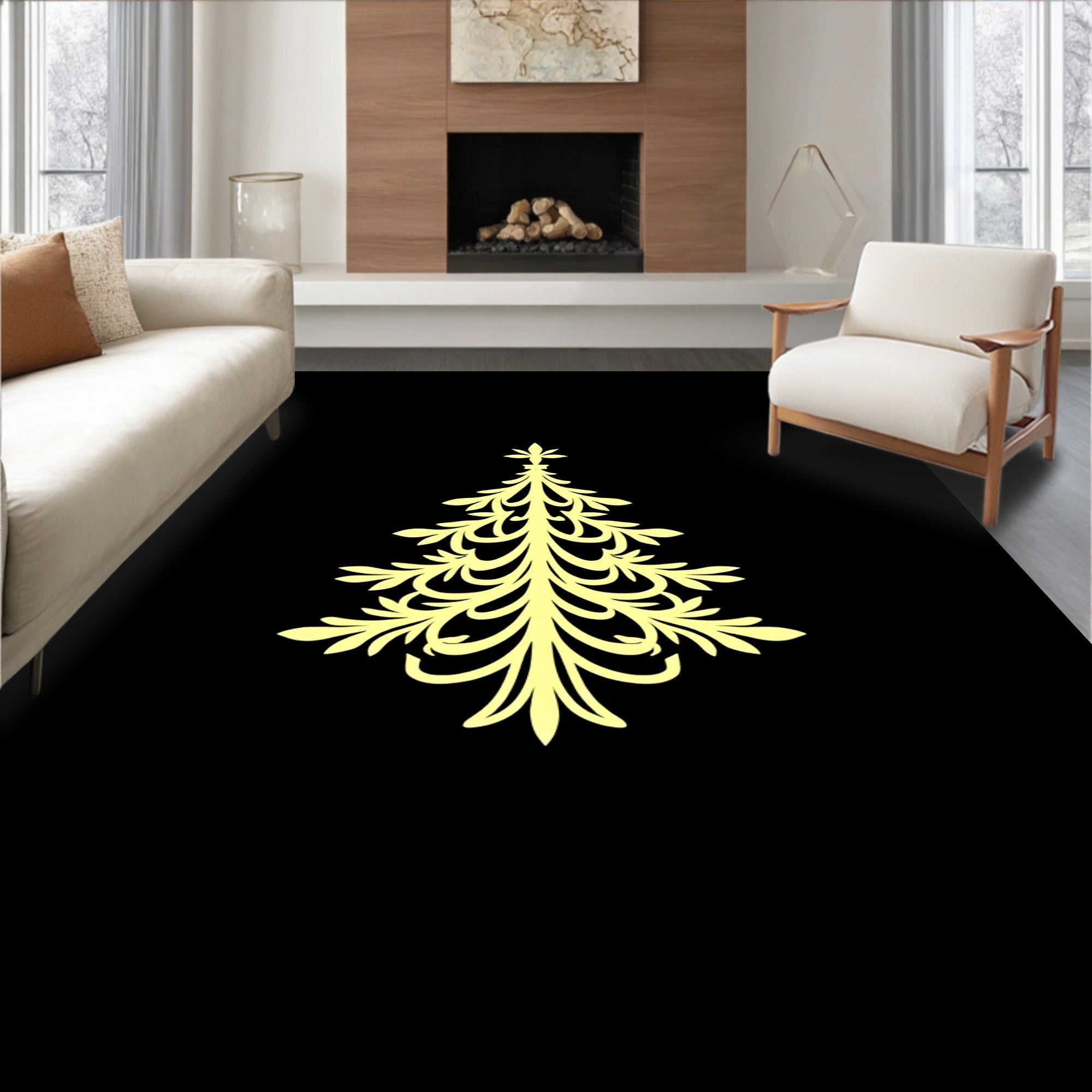Elegant Yellow Christmas Tree Silhouette Rug