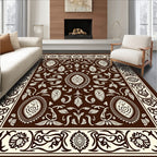Ornate Floral Brown Cream Bordered Rug