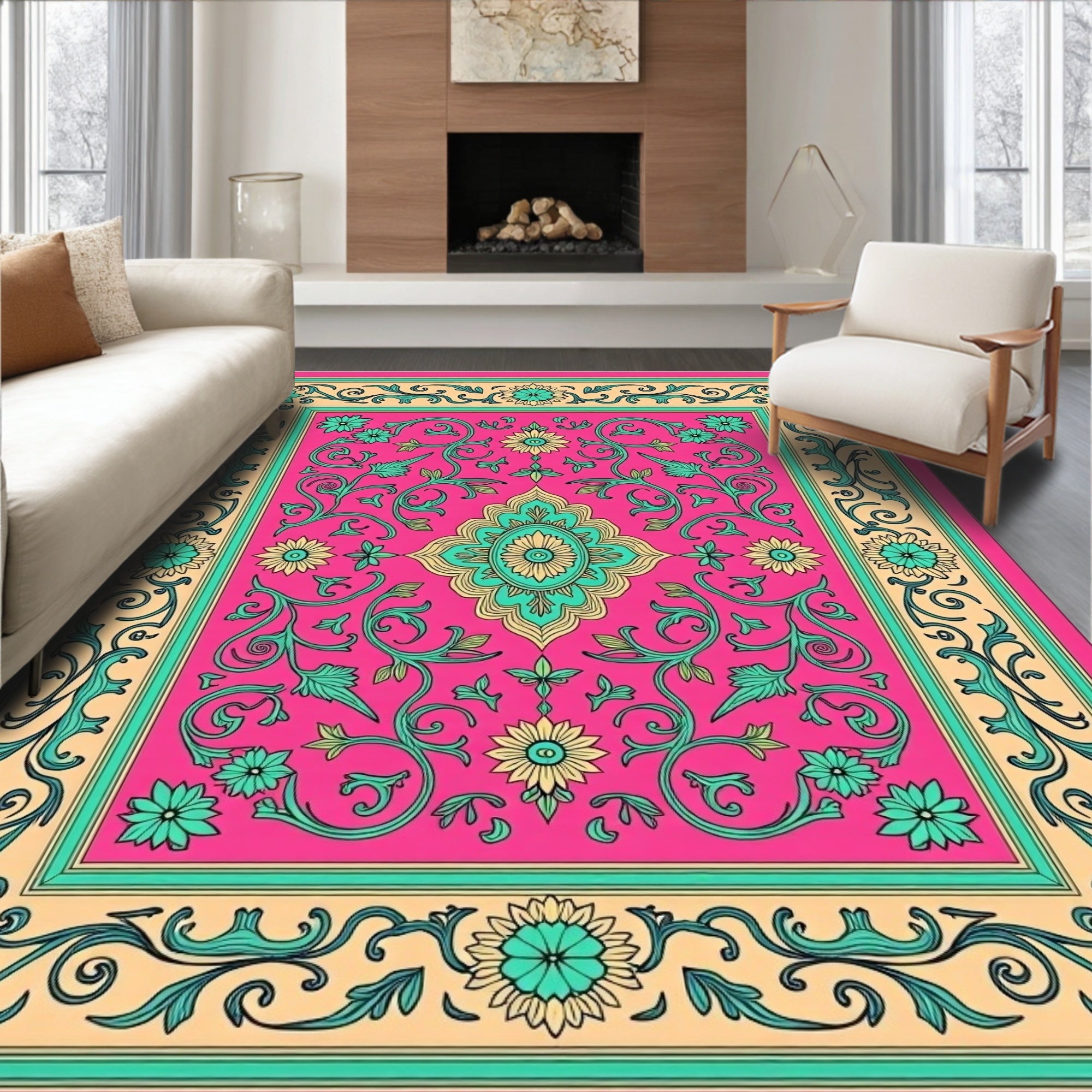 Vibrant Floral Scroll Pattern Rug