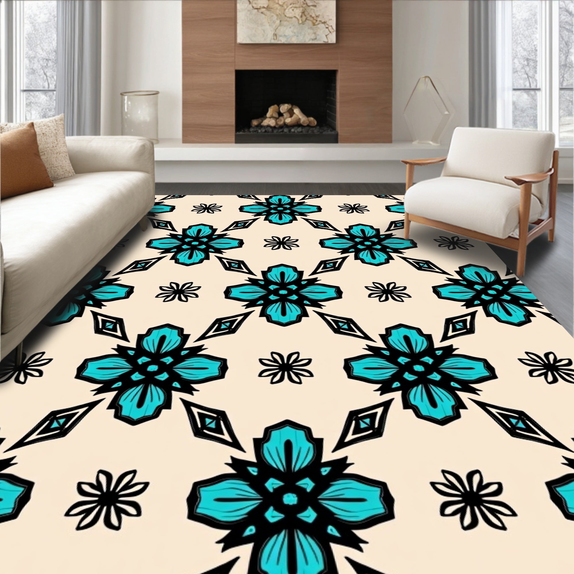 Teal Floral Diamond Pattern Rug