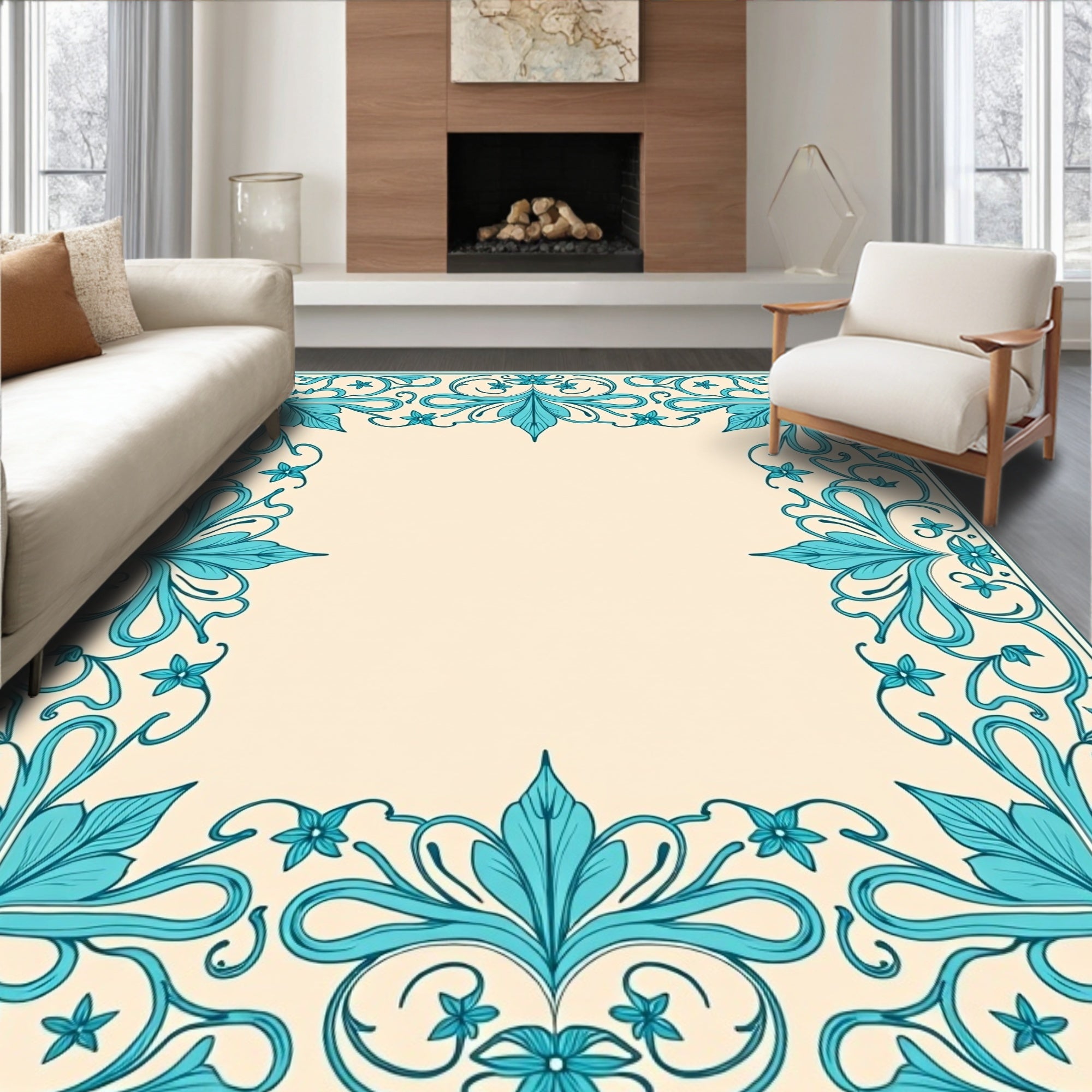 Aqua Floral Scroll Border Design Rug