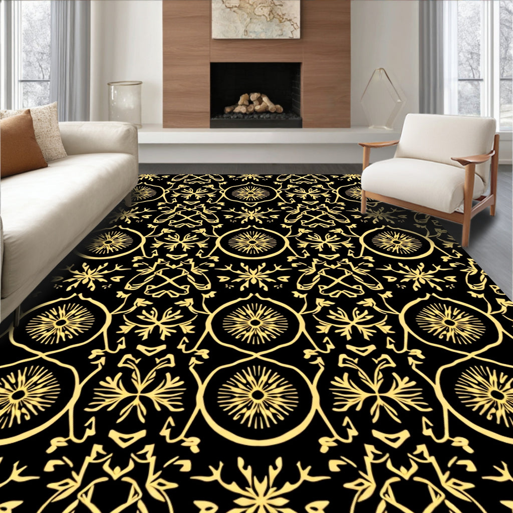 Golden Black Floral Medallion Symmetry Rug