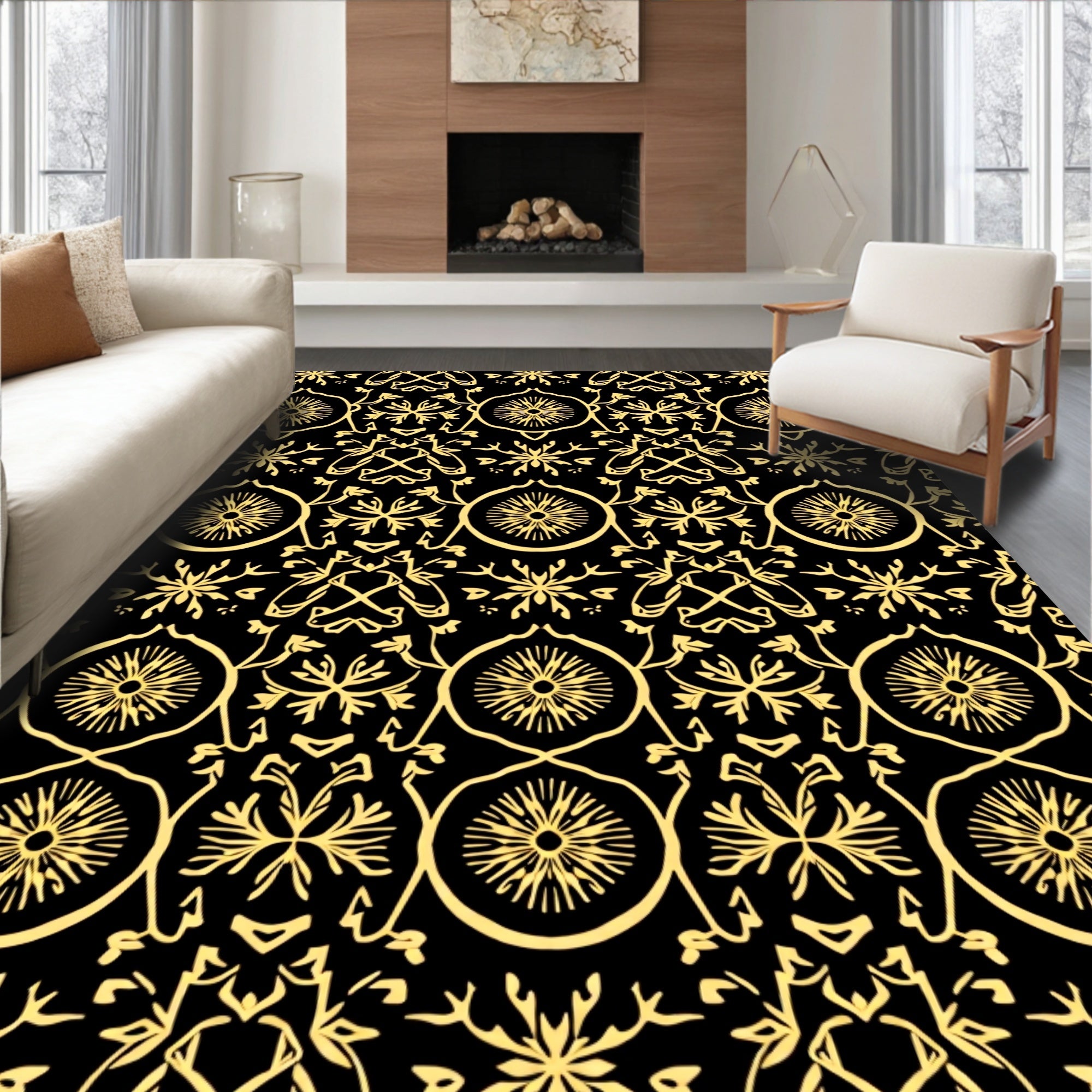 Golden Black Floral Medallion Symmetry Rug