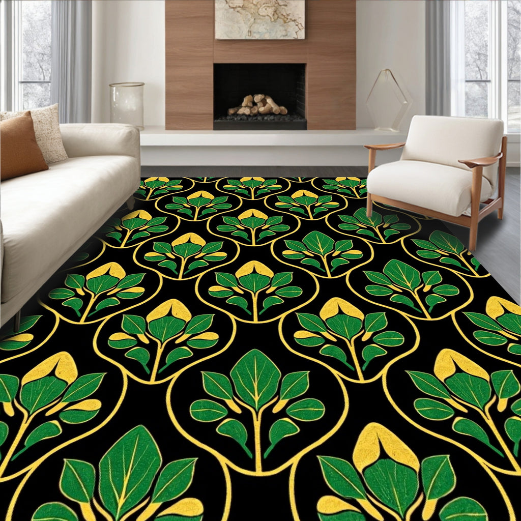 Art Nouveau Green Gold Floral Pattern Rug