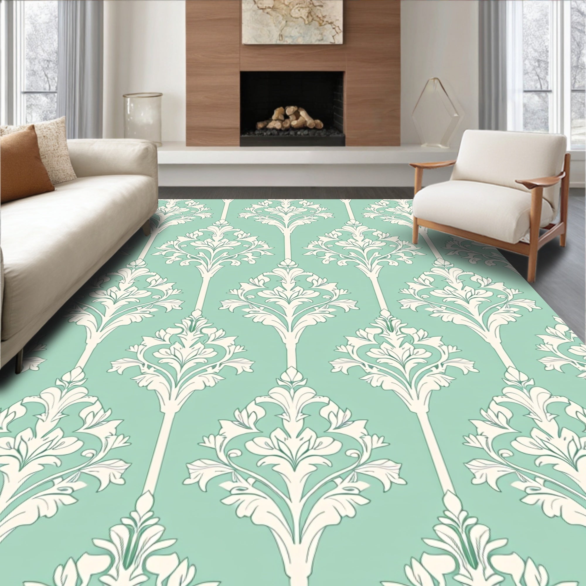 Elegant Teal Ivory Damask Pattern Rug
