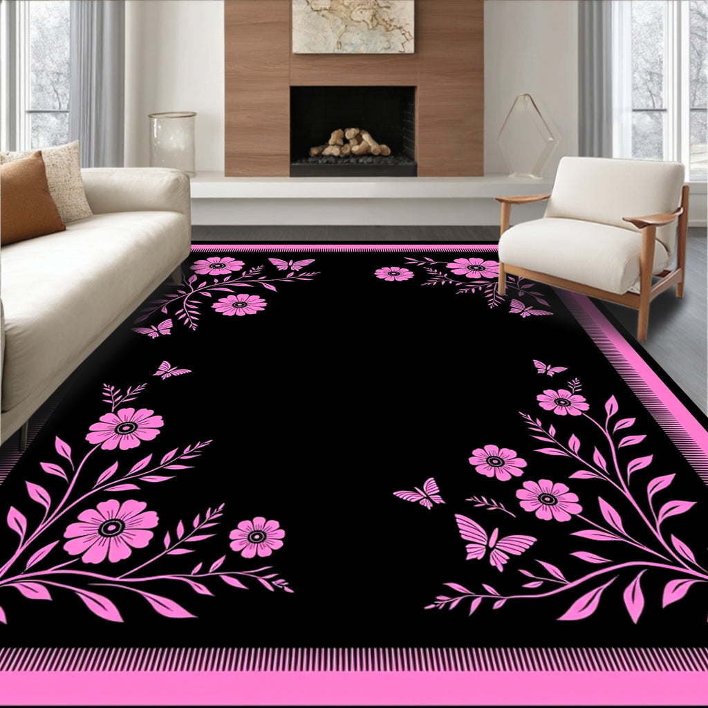 Pink Butterflies With Floral Accents Rug