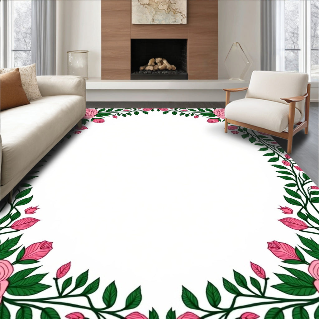 Pink Rose Vine Floral Border Rug