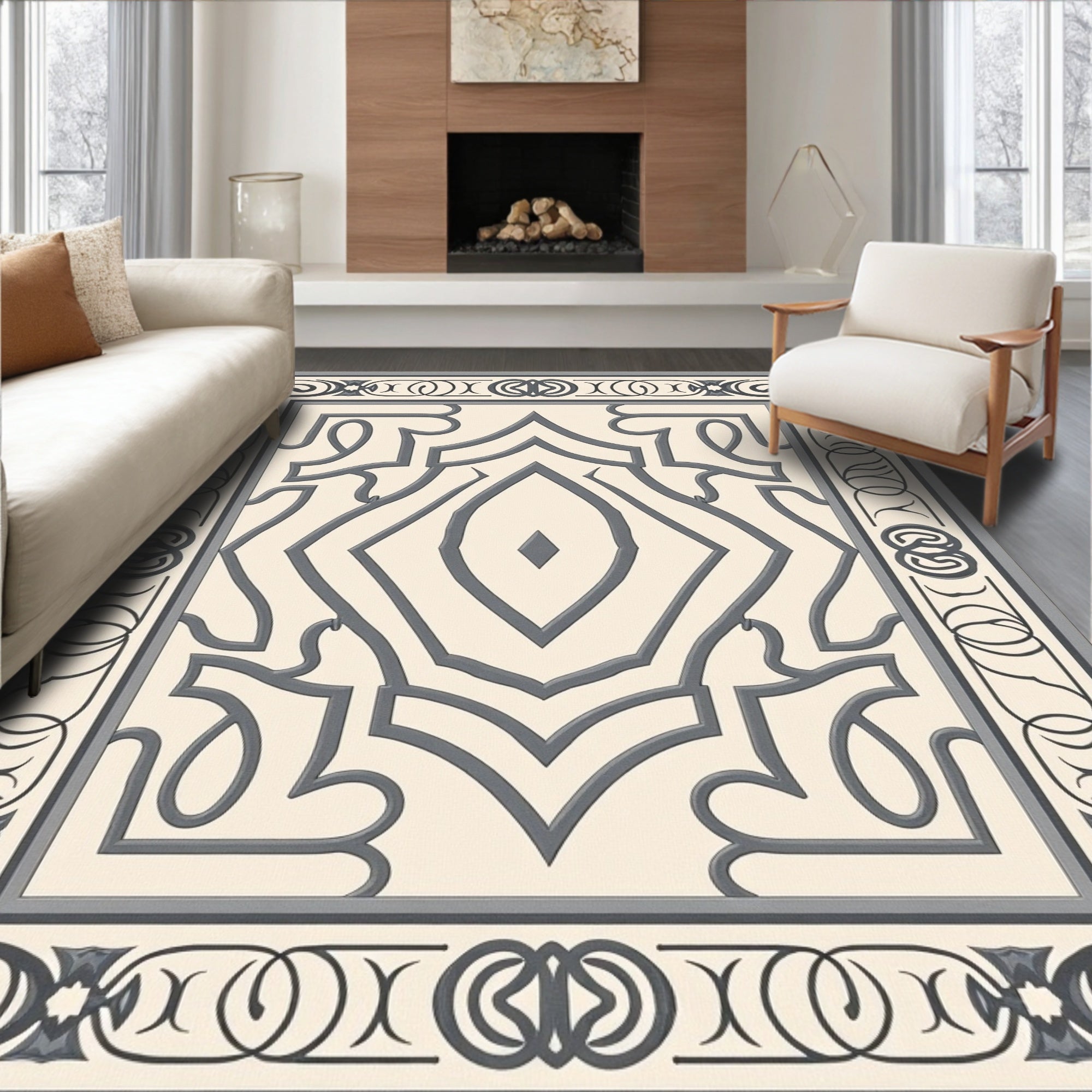 Ornate Grey Classic Scroll Pattern Rug