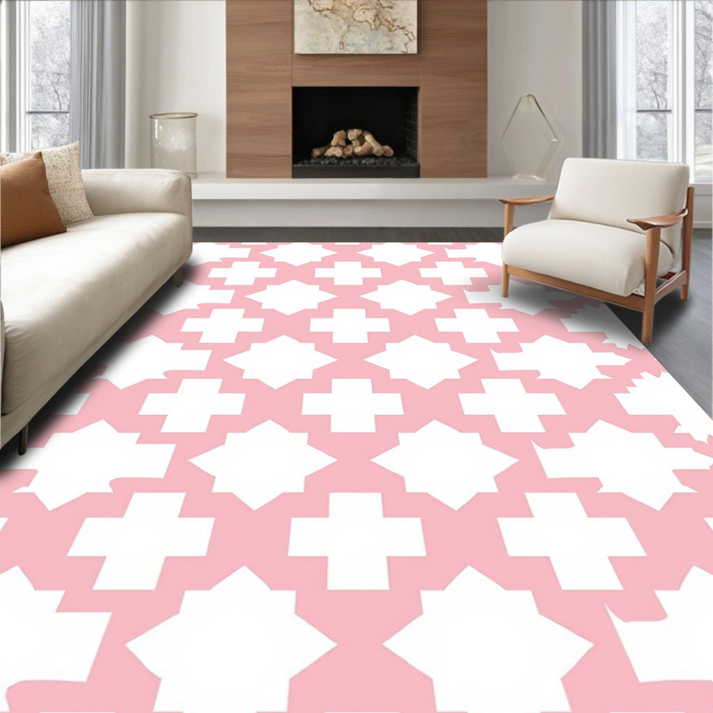 Pink White Geometric Diamond Pattern Rug