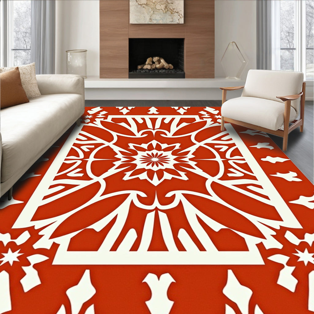 Ornate Red White Floral Mandala Rug