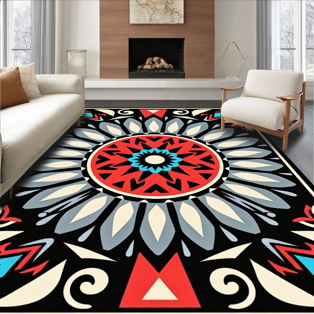 Bold Red Blue Geometric Mandala Design Rug