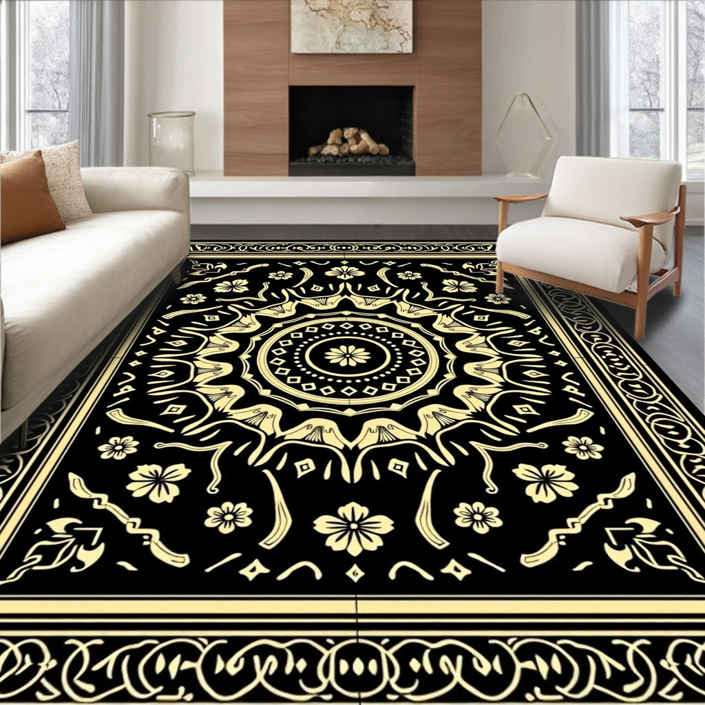 Black Gold Floral Mandala Rug