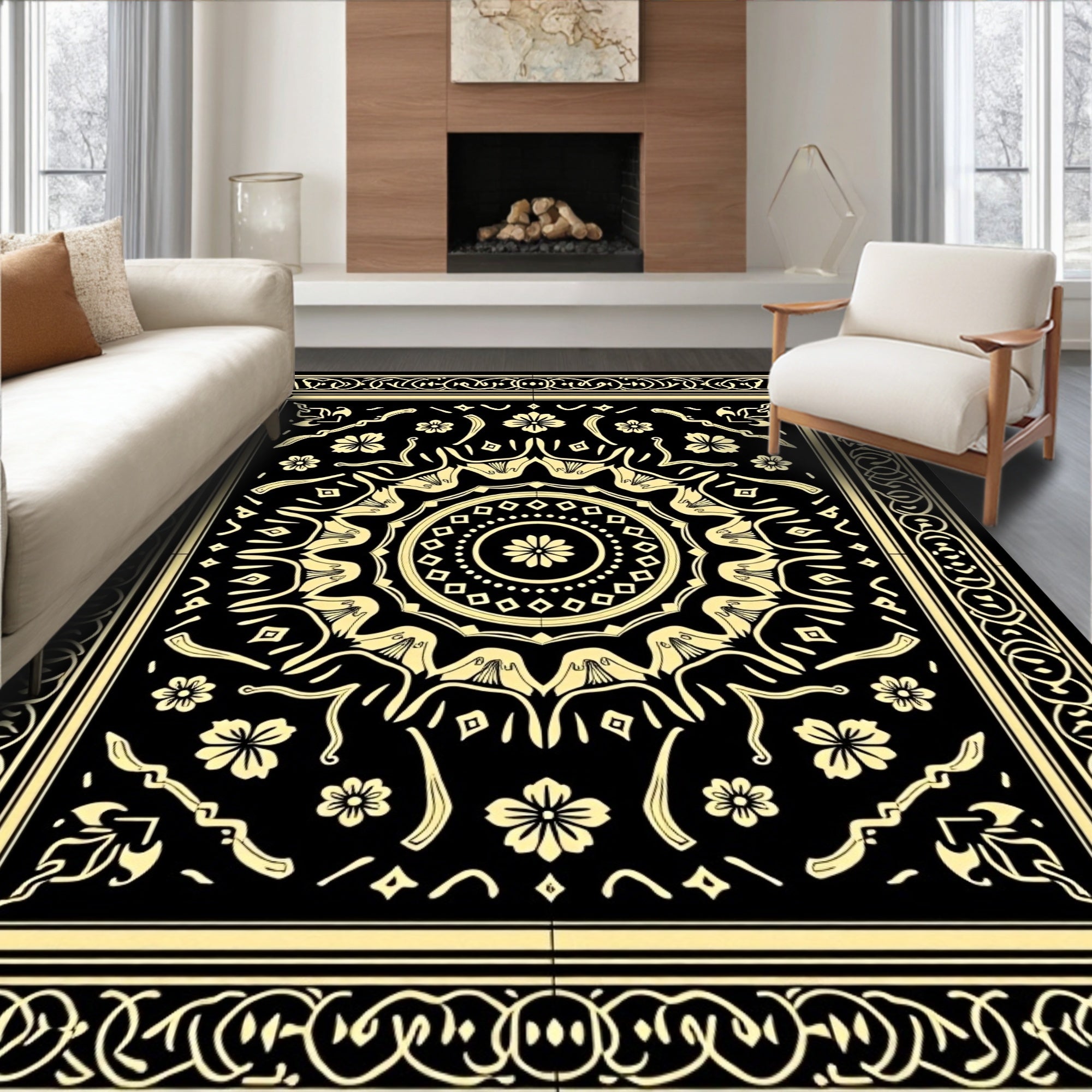Black Gold Floral Mandala Rug