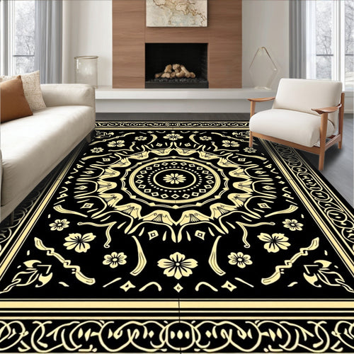 Black Gold Floral Mandala Rug