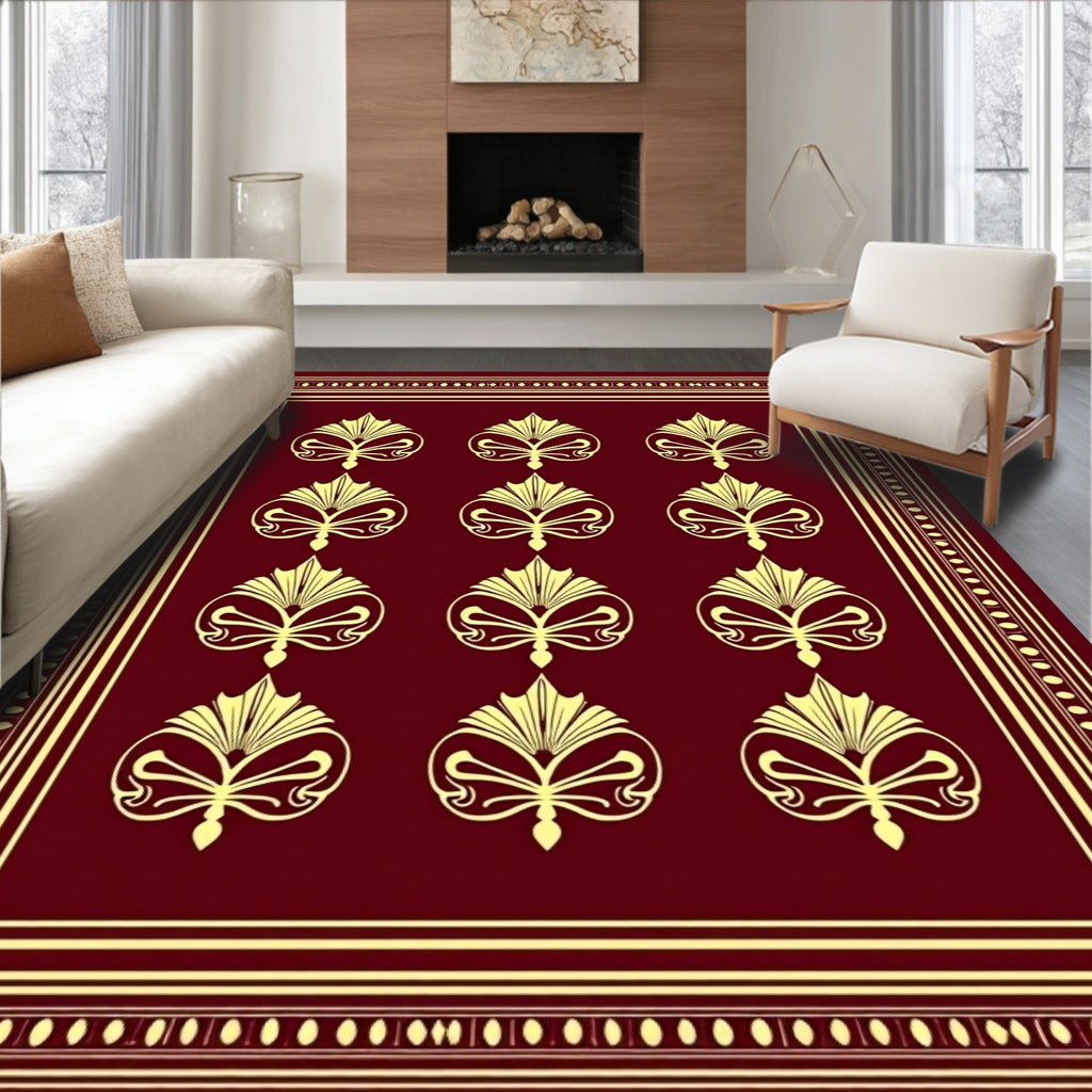 Golden Floral Burgundy Damask Design Rug