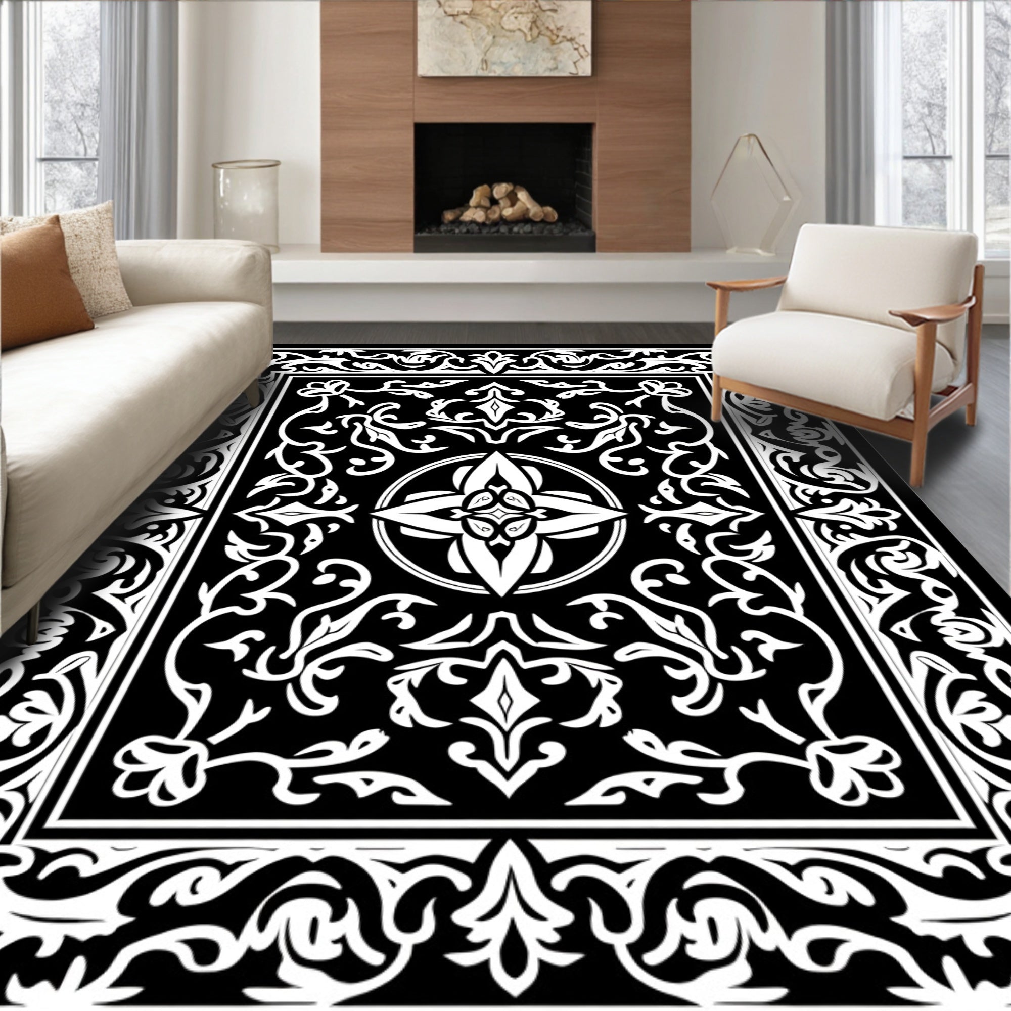 Ornate Flourish Black White Intricate Rug