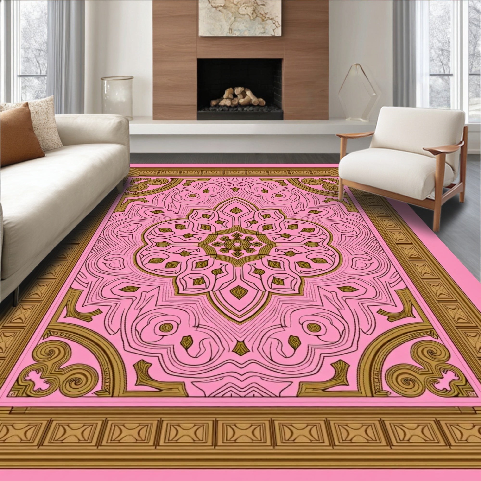 Art Deco Pink Gold Intricate Pattern Rug