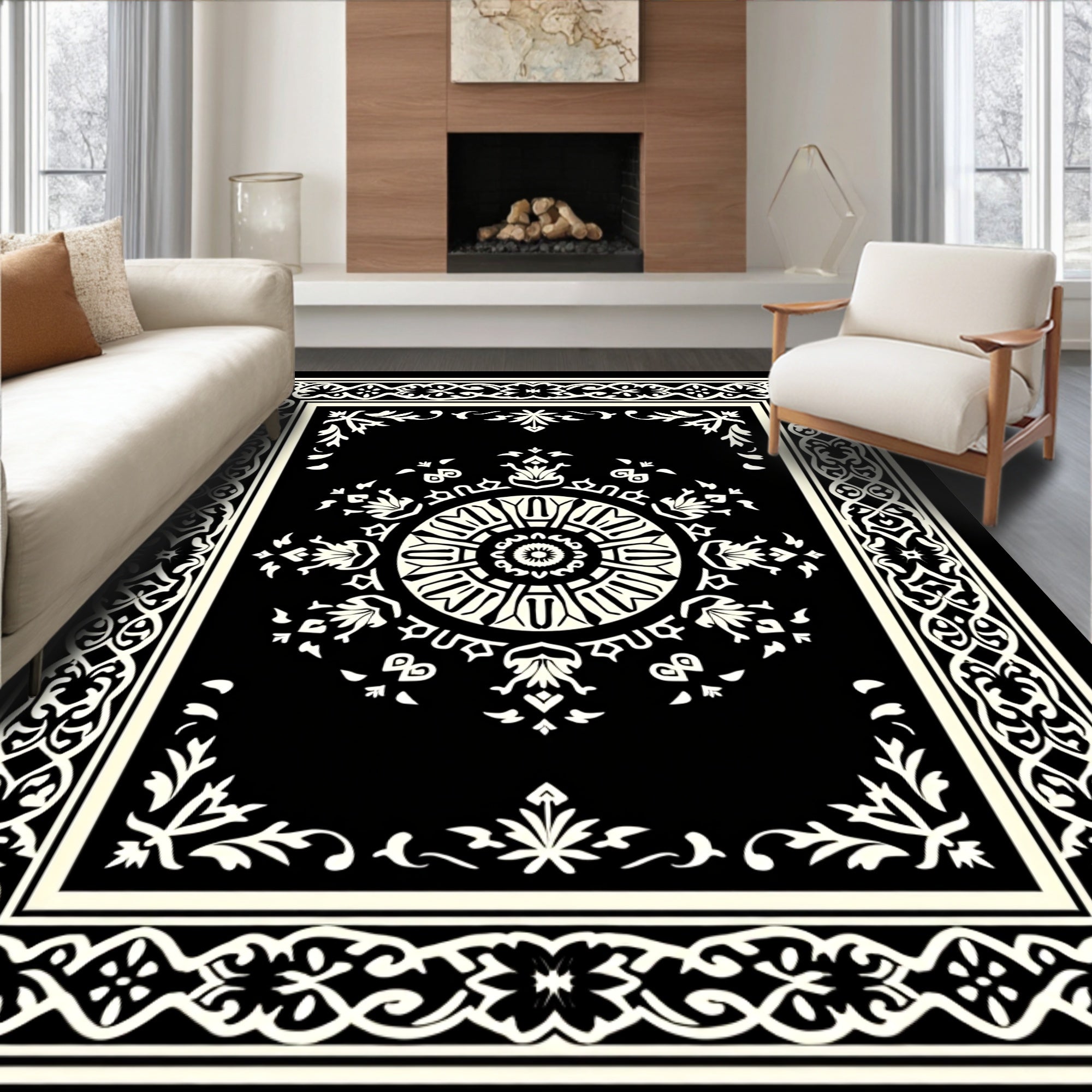 Ornate Black Cream Medallion Border Rug