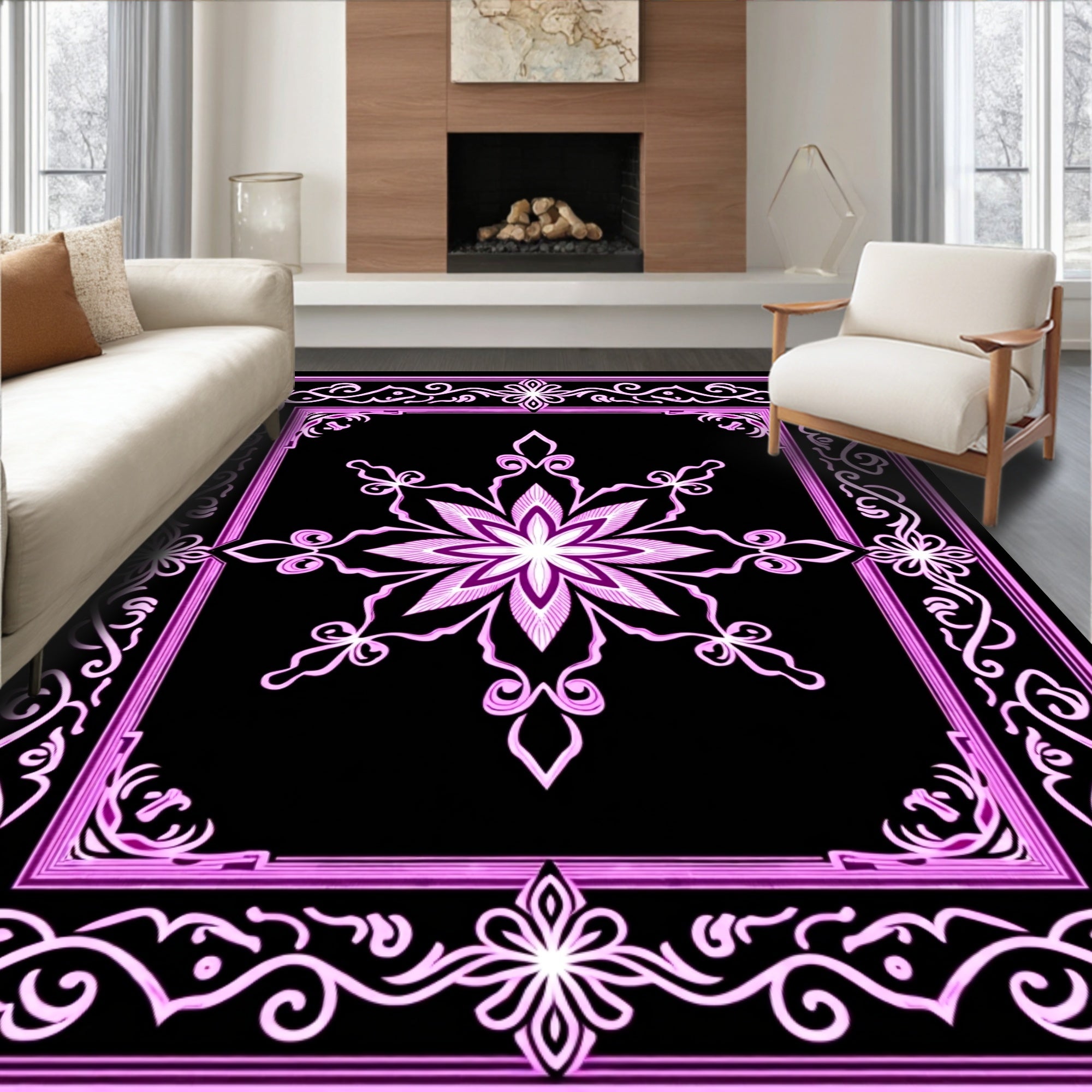 Ornate Floral Mandala Frame Design Rug