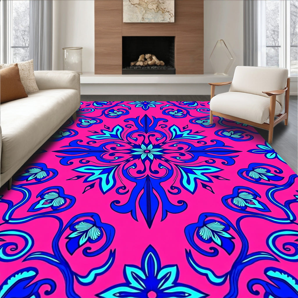 Vibrant Blue Pink Floral Scroll Rug