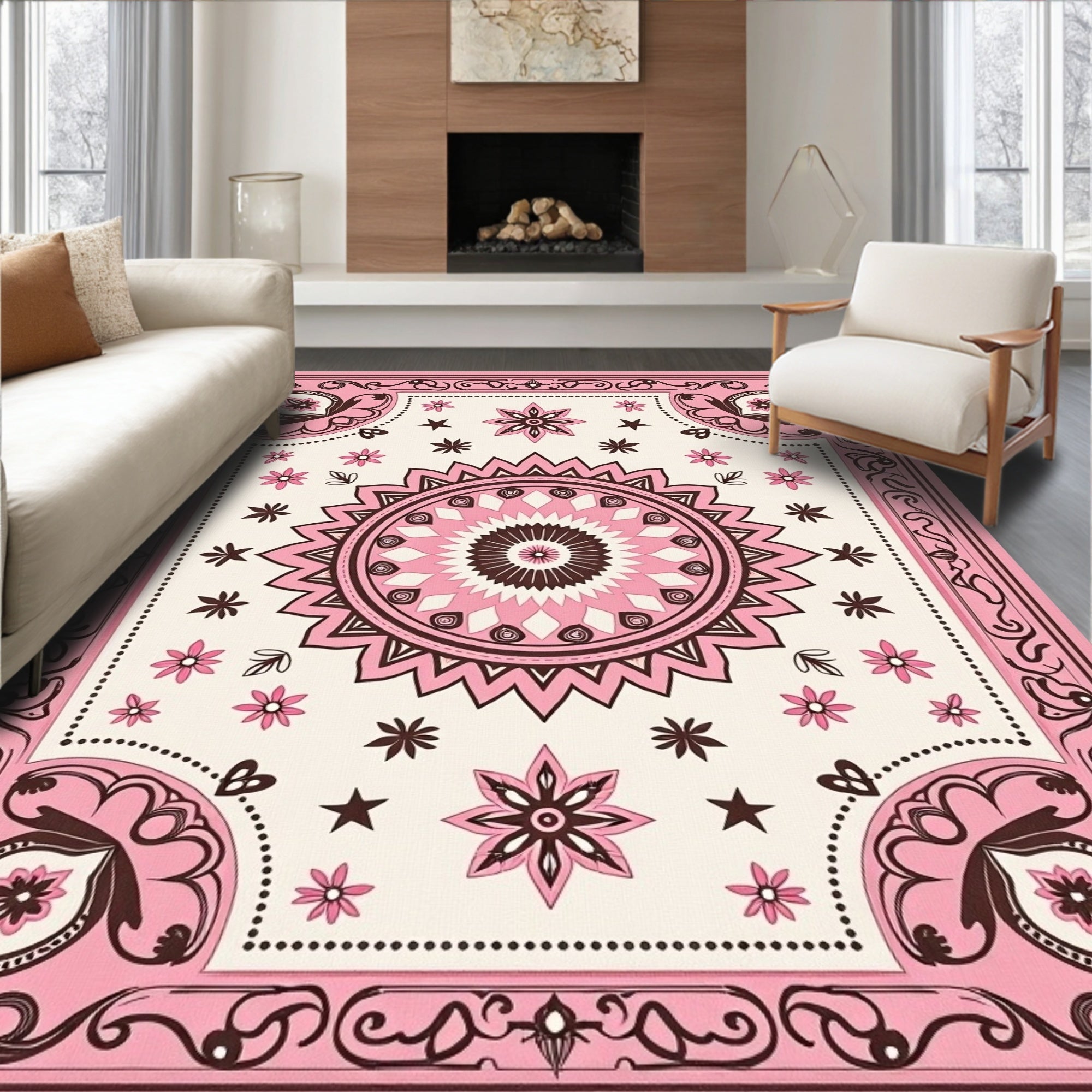 Pink Floral Mandala Pattern Rug