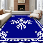 Ornate White Floral Motif Blue Rug