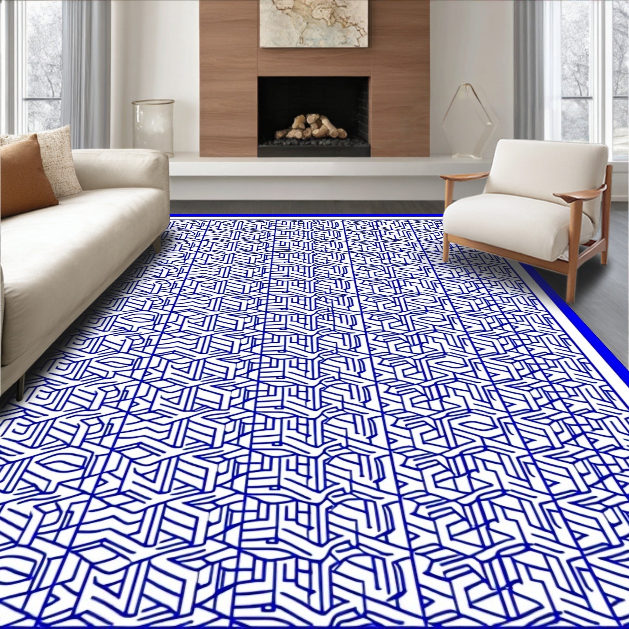 Blue Abstract Geometric Maze Rug