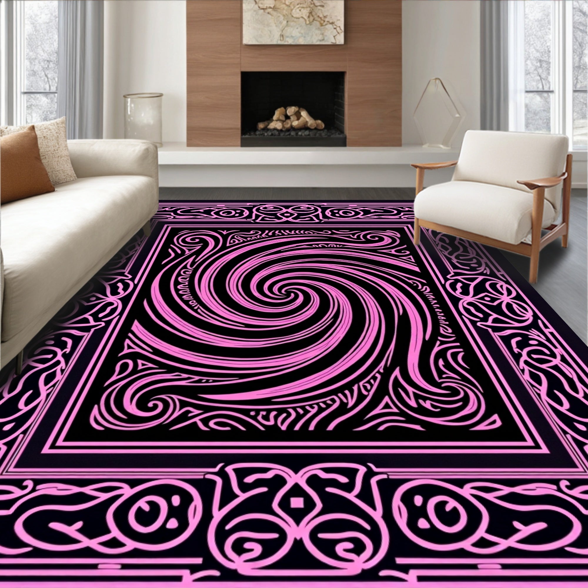 Abstract Pink Swirl Inner Border Rug