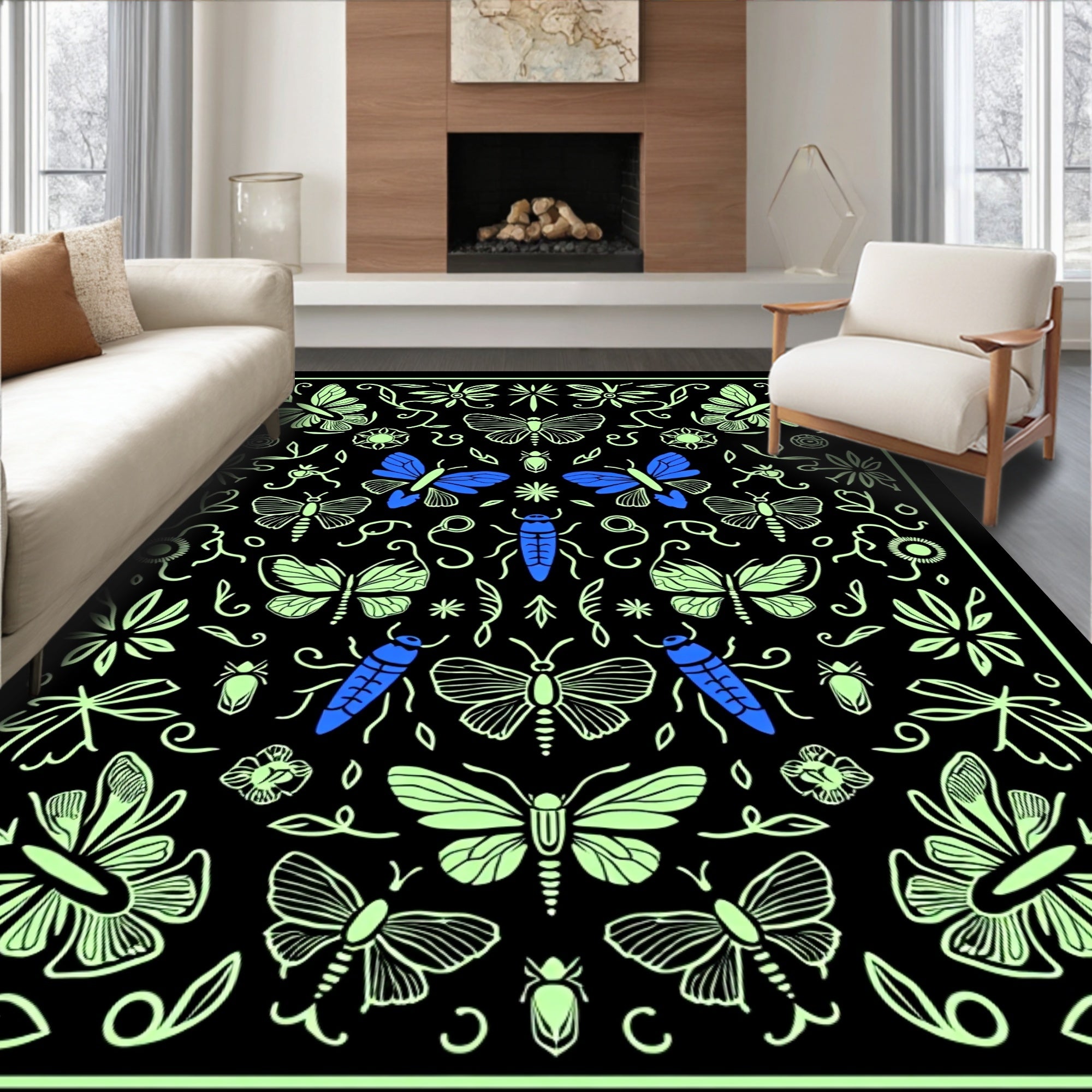 Midnight Garden Moth Butterfly Design Rug