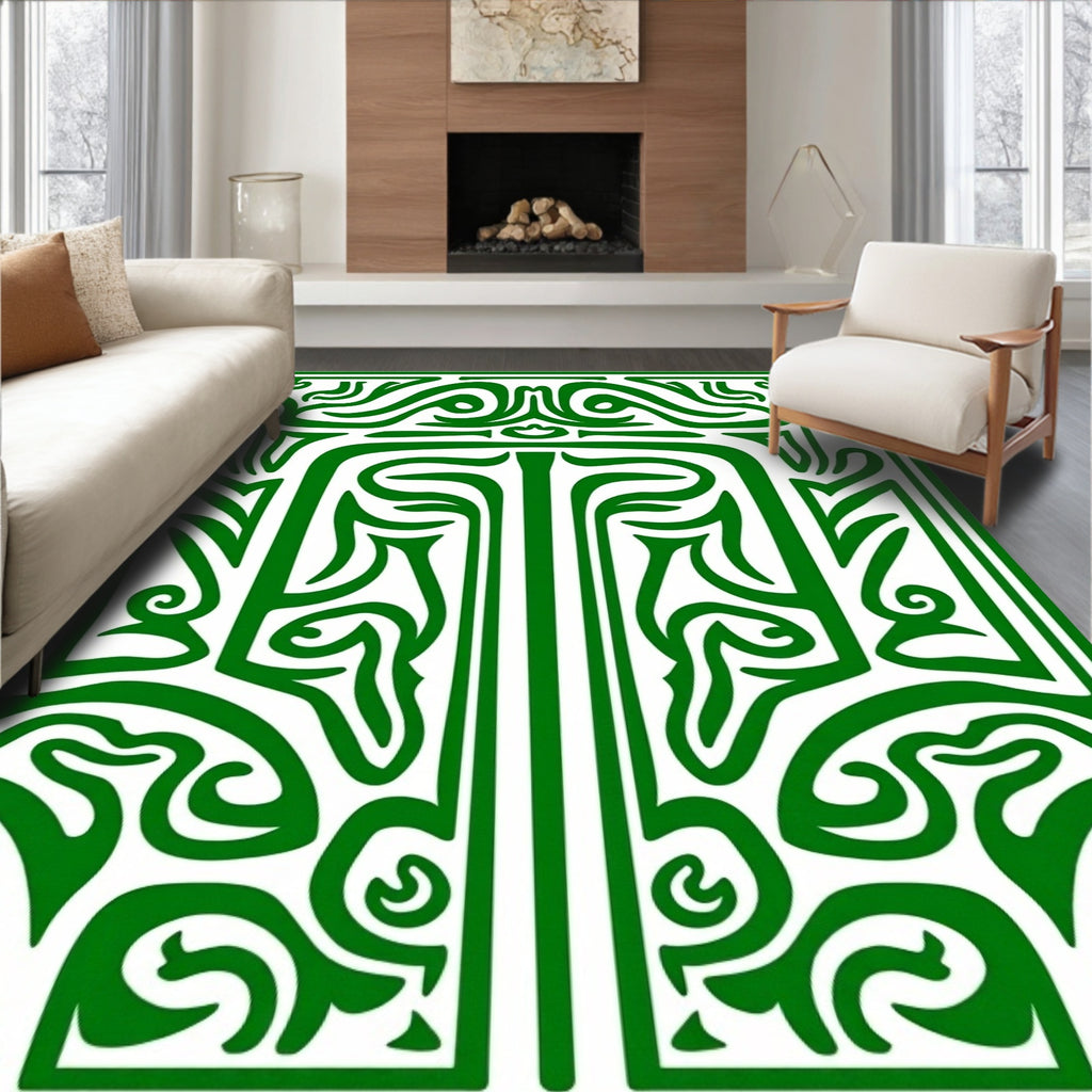 Ornate Emerald Green Abstract Swirl Decorative Rug
