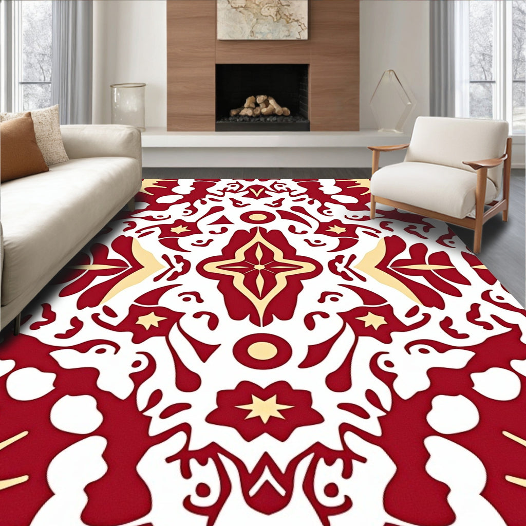 Symmetrical Red Cream Floral Pattern Rug