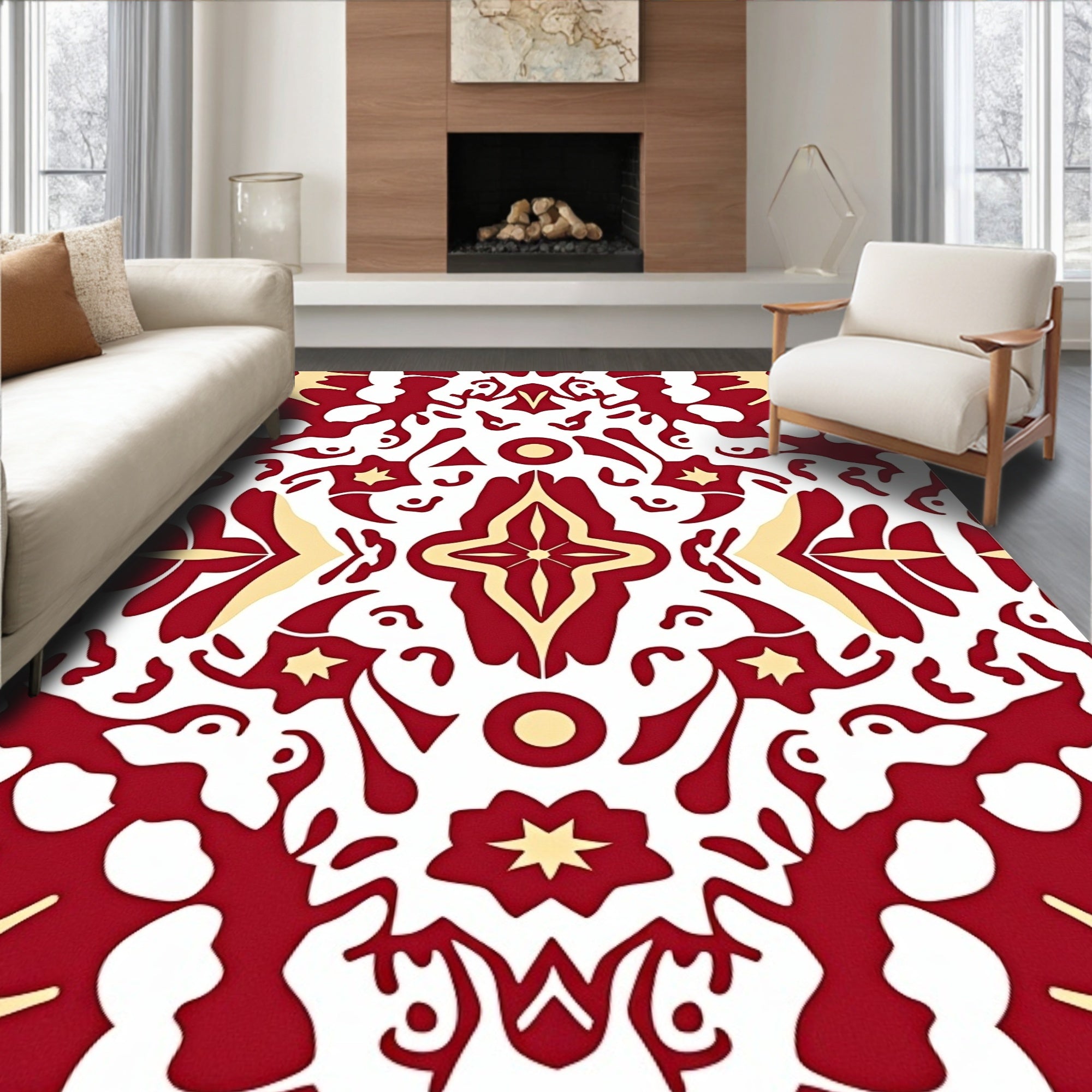 Symmetrical Red Cream Floral Pattern Rug