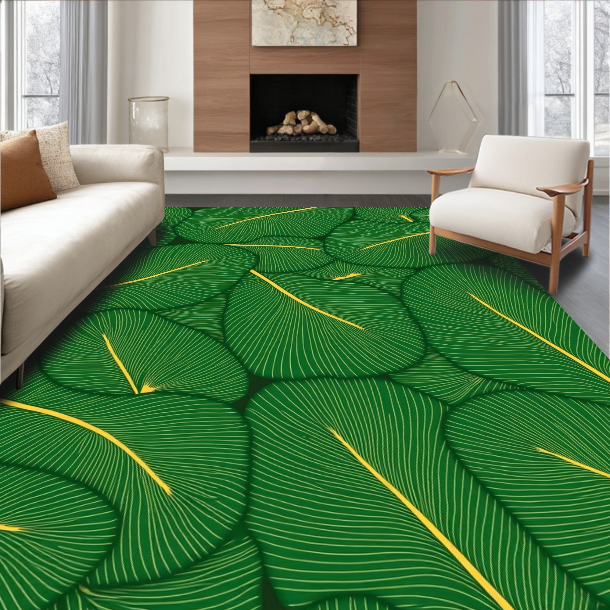 Vibrant Green Leaf Pattern Design Rug