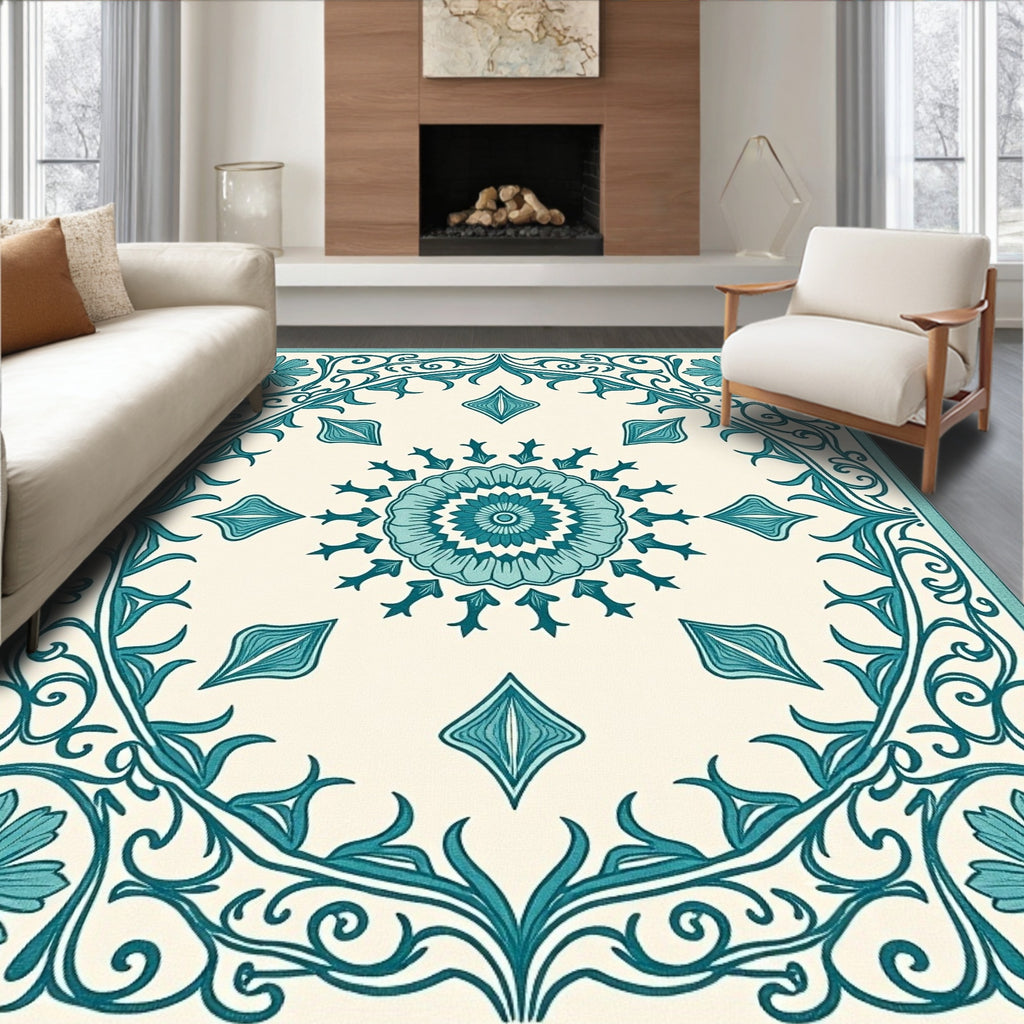 Teal Floral Medallion Vine Pattern Rug